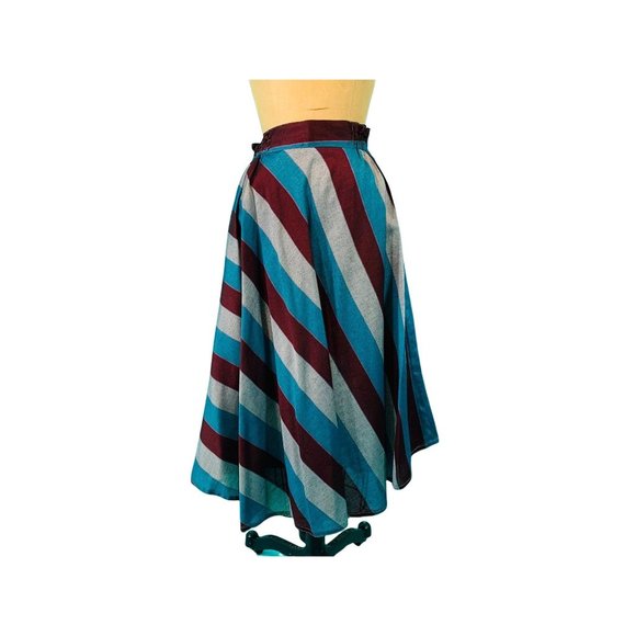 Vintage 1980s Stripe Skirt Blue Gray Burgundy Striped | W 25-30" - Picture 1 of 10